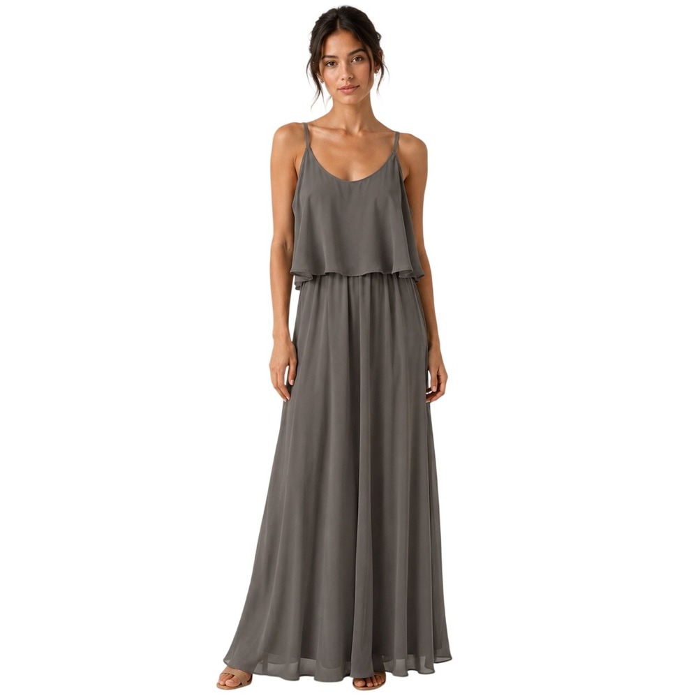 Show Me Your Mumu Caitlin Ruffle Maxi Dress XS Gray Bridesmaid Romantic